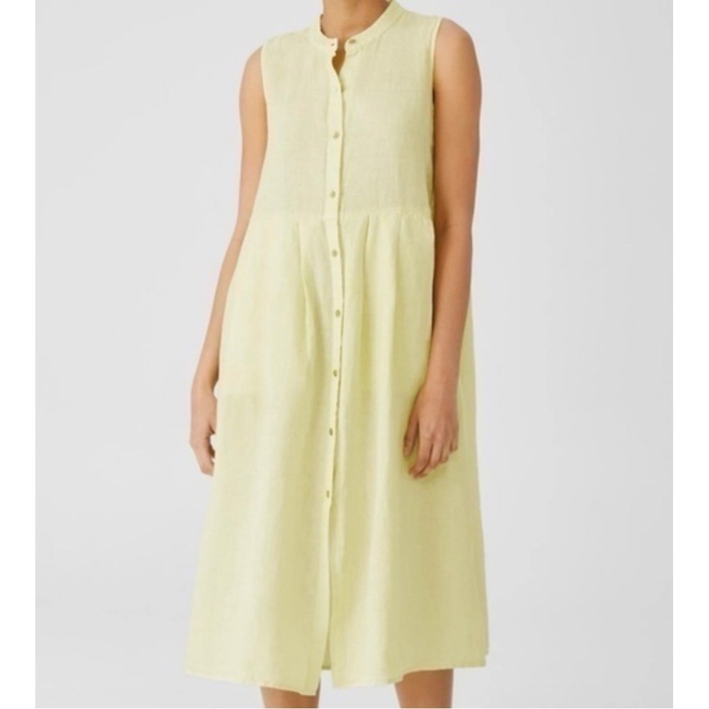 Eileen Fisher Shirt Dress Womens M Yellow Organic Linen Sleeveless Midi Pleated